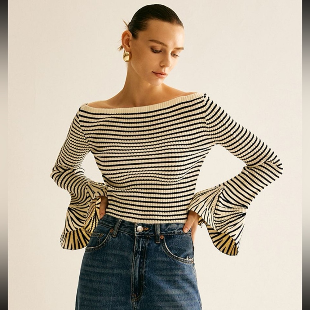 Commense Striped Ruffle-Sleeve Knit Top